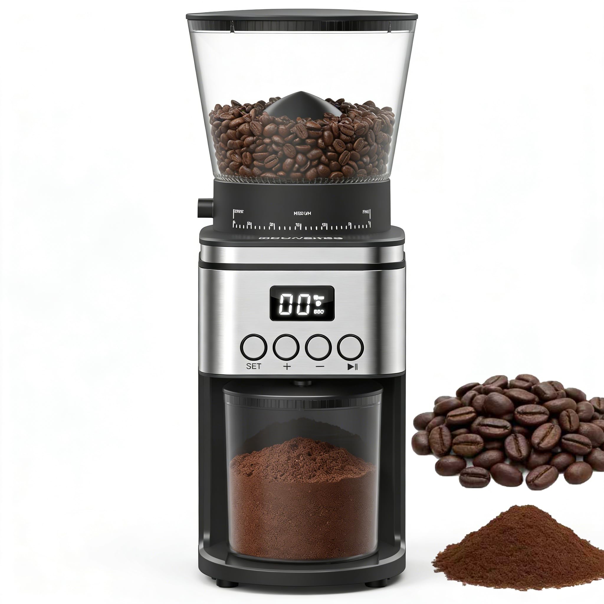 Conical Burr Coffee Grinder Electric,Stainless Steel Coffee Grinder for Home, Adjustable Burr Grinder with 30 Grind Settings, Digital Timer & 2-12 Cup Control, Removable Sealed Hopper, Easy Clean